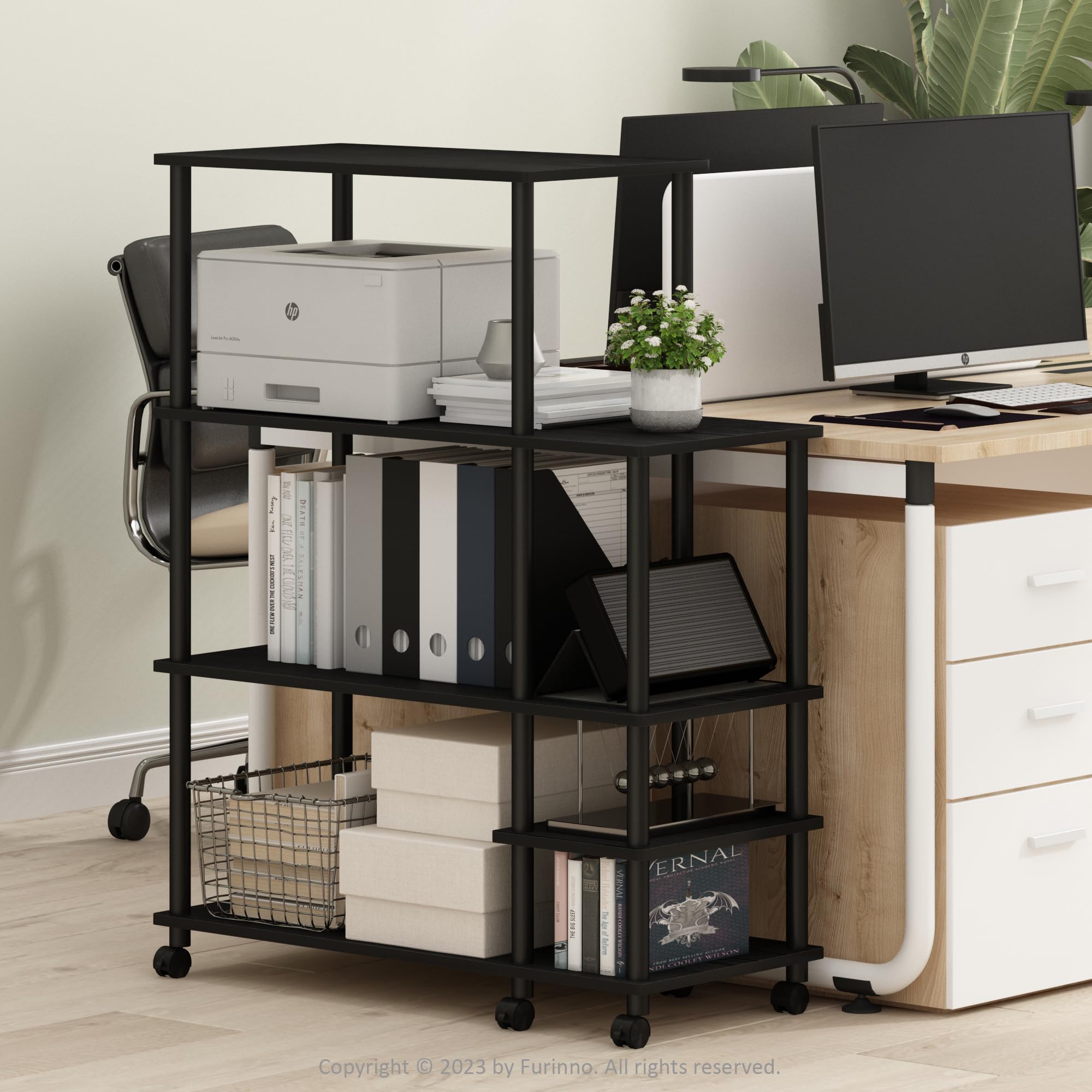 Furinno Turn-N-Tube 4-Tier Wide Toolless Multipurpose Printer Stand Display Storage Shelf With Wheels, Americano/Black